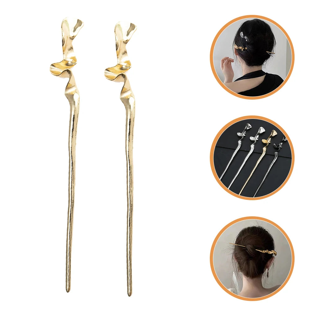 2Pcs Oriental Metal Hairpins – Geometric Design